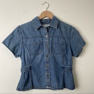 VINTAGE Denim Jean Top Button Down Collared Cinched